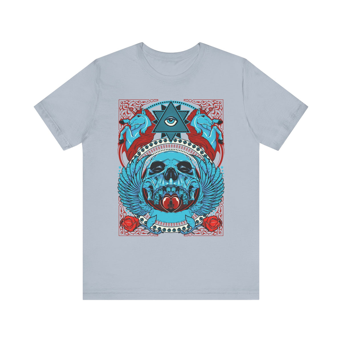 All-Seeing Skull Illustration Tee Winged Skull Third Eye Roses T-Shirt