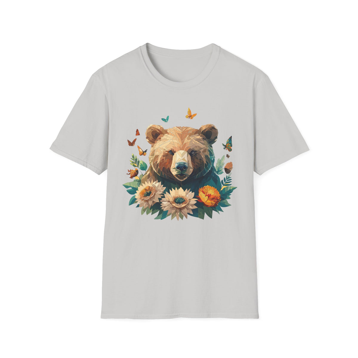 Floral Bear Illustration T-Shirt | Bear with Sunflowers and Butterflies