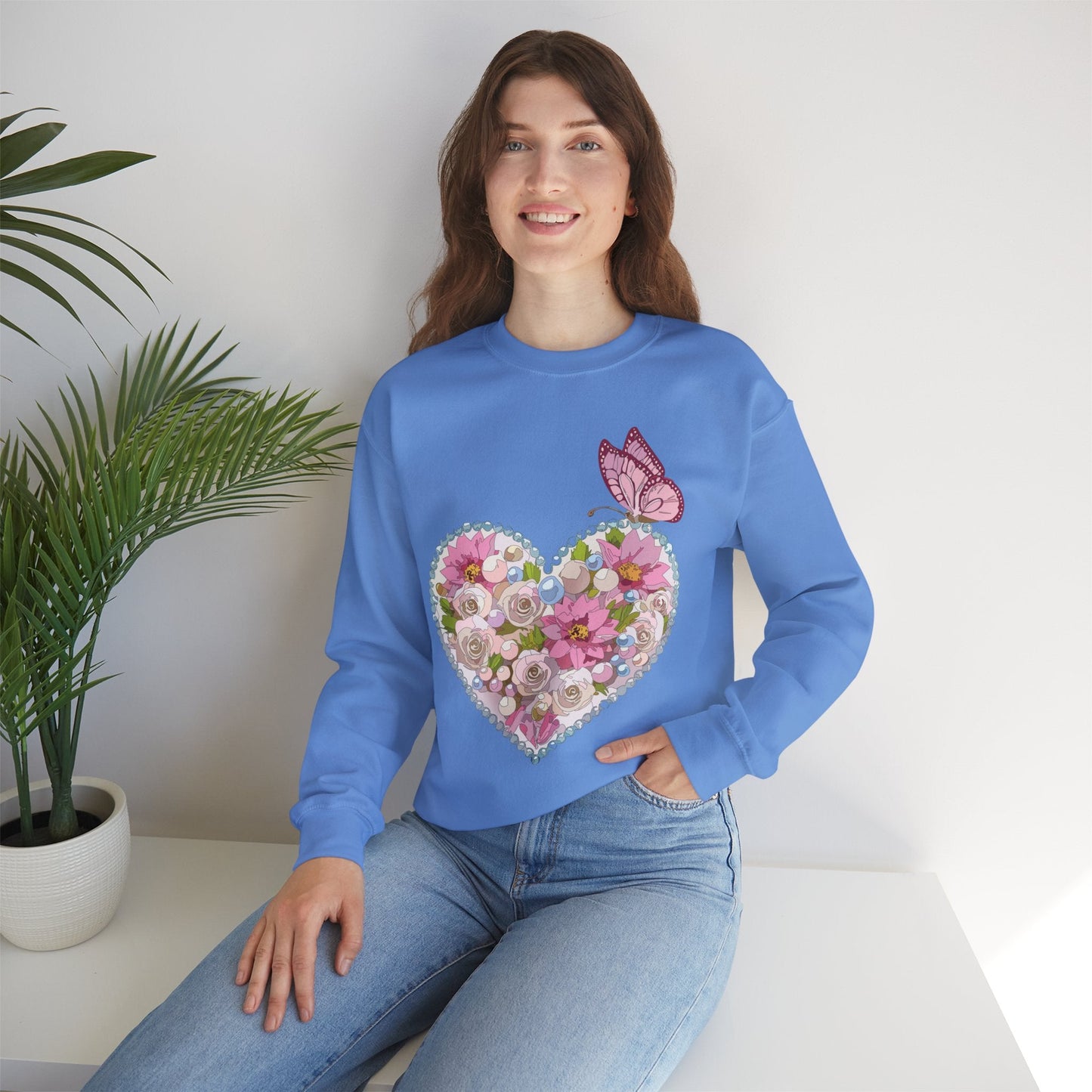 Floral Heart Sweatshirt Unisex Crewneck Valentines Day 50 50 Heavy Blend Gildan 18000