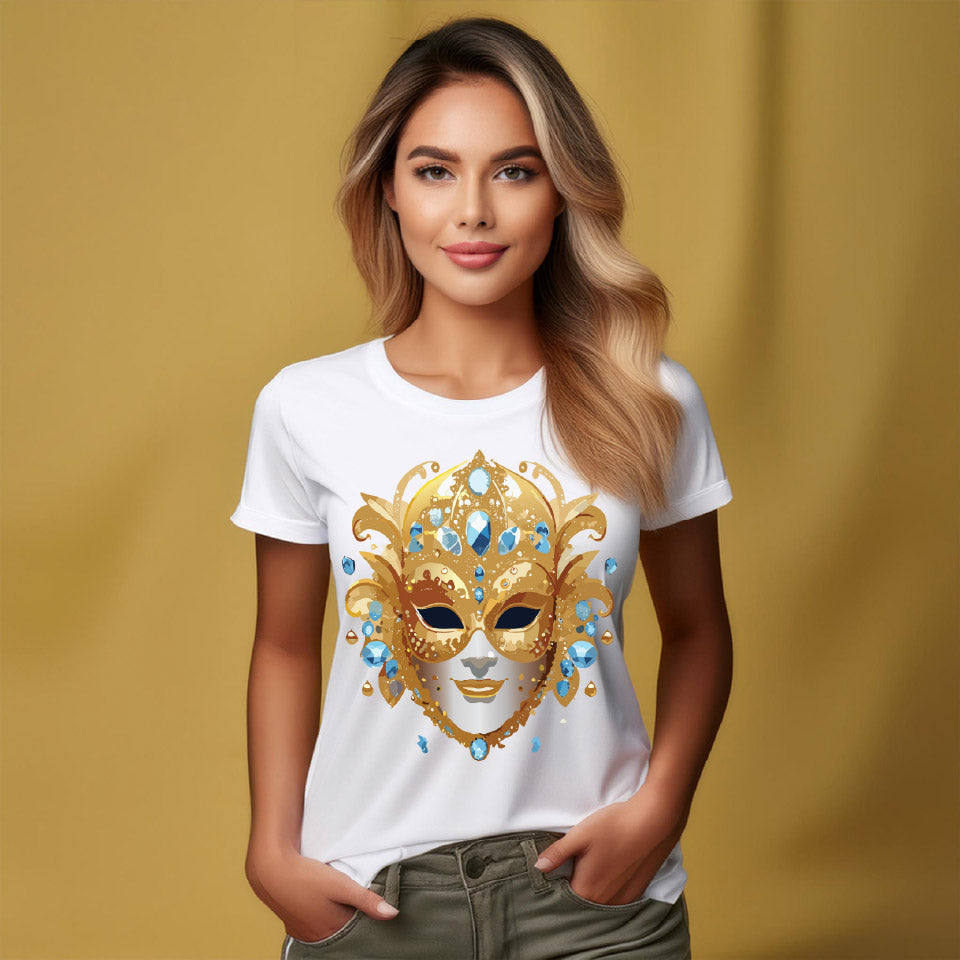 Carnival Mask Graphic T-Shirt Unisex 100 Cotton With Antique Gold Art Design Tee 21