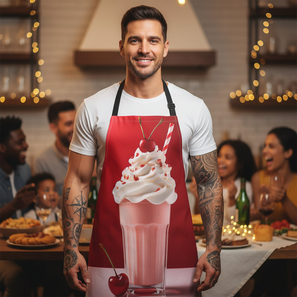 Cherry Milkshake Apron — Retro Dessert Kitchen Apron with Whipped Cream Design Stain-Resistant - Art Print Canvas Apron
