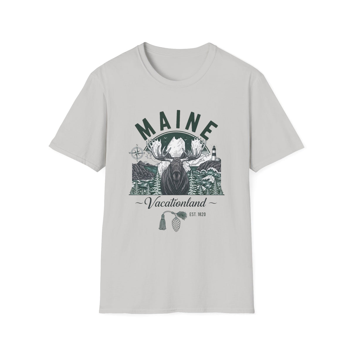 Maine Vacationland Moose T-Shirt — Rustic Coastal State Pride Tee Travel Tourist Graphic Design Unisex 100 Cotton Gildan T-Shirt