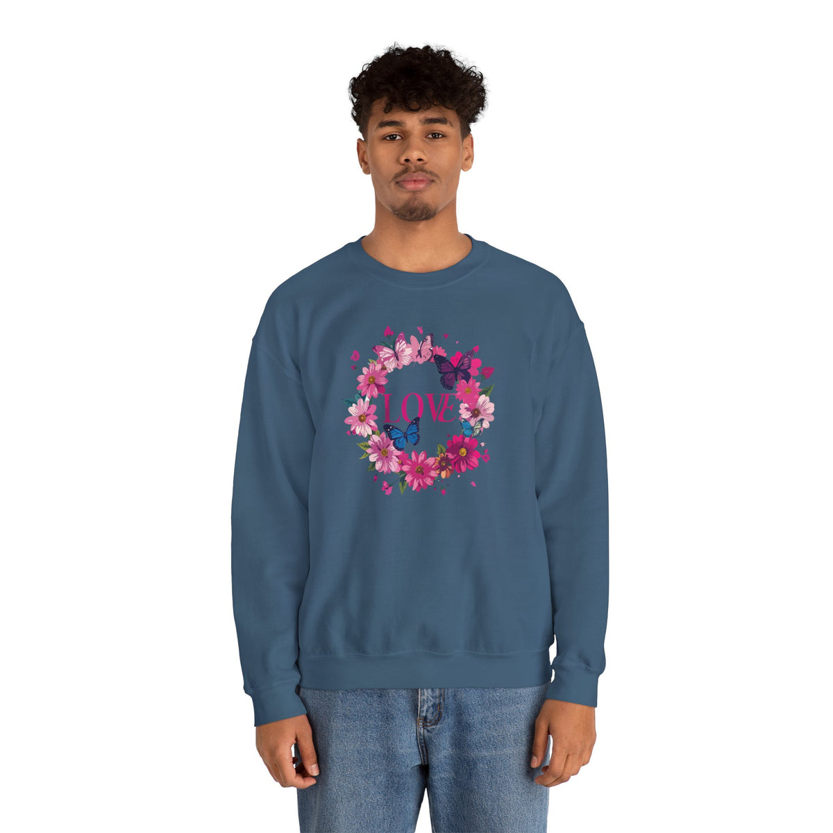 Unisex Floral Love Sweatshirt, Love Floral Sweatshirt, Floral Butterfly Sweatshirt, 50/50 Cotton-Poly Valentine's Day Sweatshirt 04