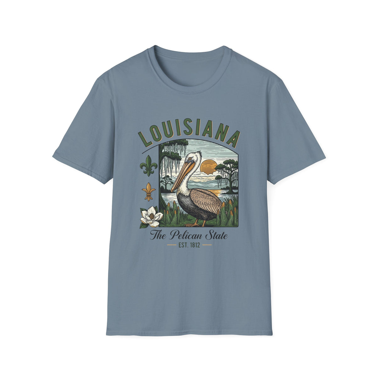 Louisiana Pelican State Graphic T-Shirt — Vintage Bayou Sunset Travel Tourist Graphic Design Unisex 100 Cotton Gildan T-Shirt