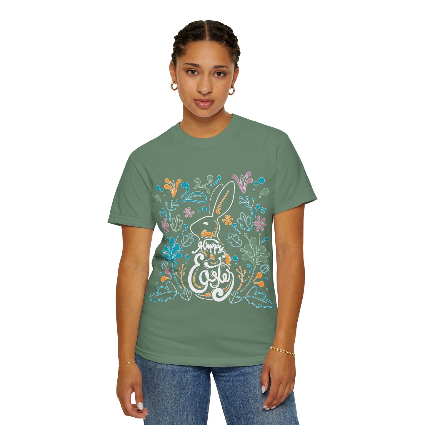 Easter Bunny Floral T-Shirt, Tee Shirt with Easter Signature, T Shirt with Easter Prints, Tee Shirt with Easter Design