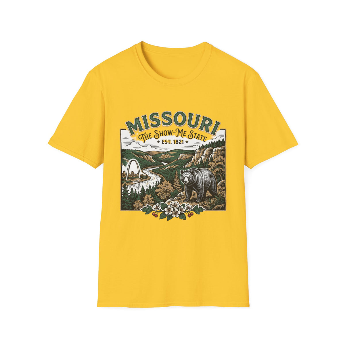 Missouri Vintage State Pride T-Shirt — State Scenic Bear Design Travel Tourist Graphic Design Unisex 100 Cotton Gildan T-Shirt