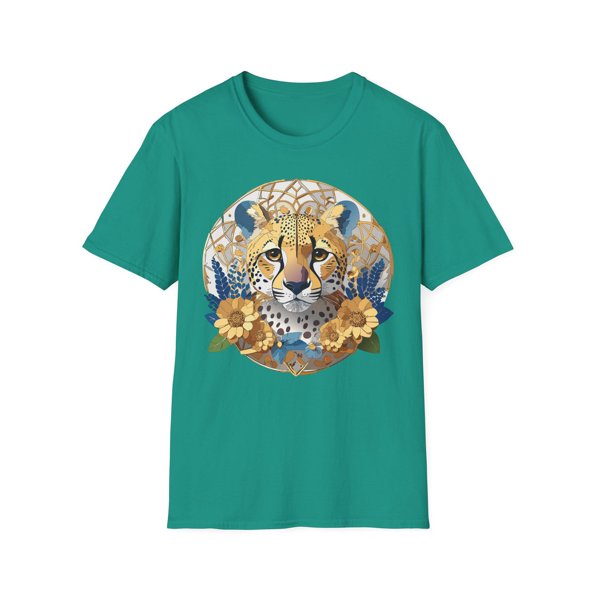 Golden Cheetah Mandala T-Shirt | Floral Boho Animal Illustration