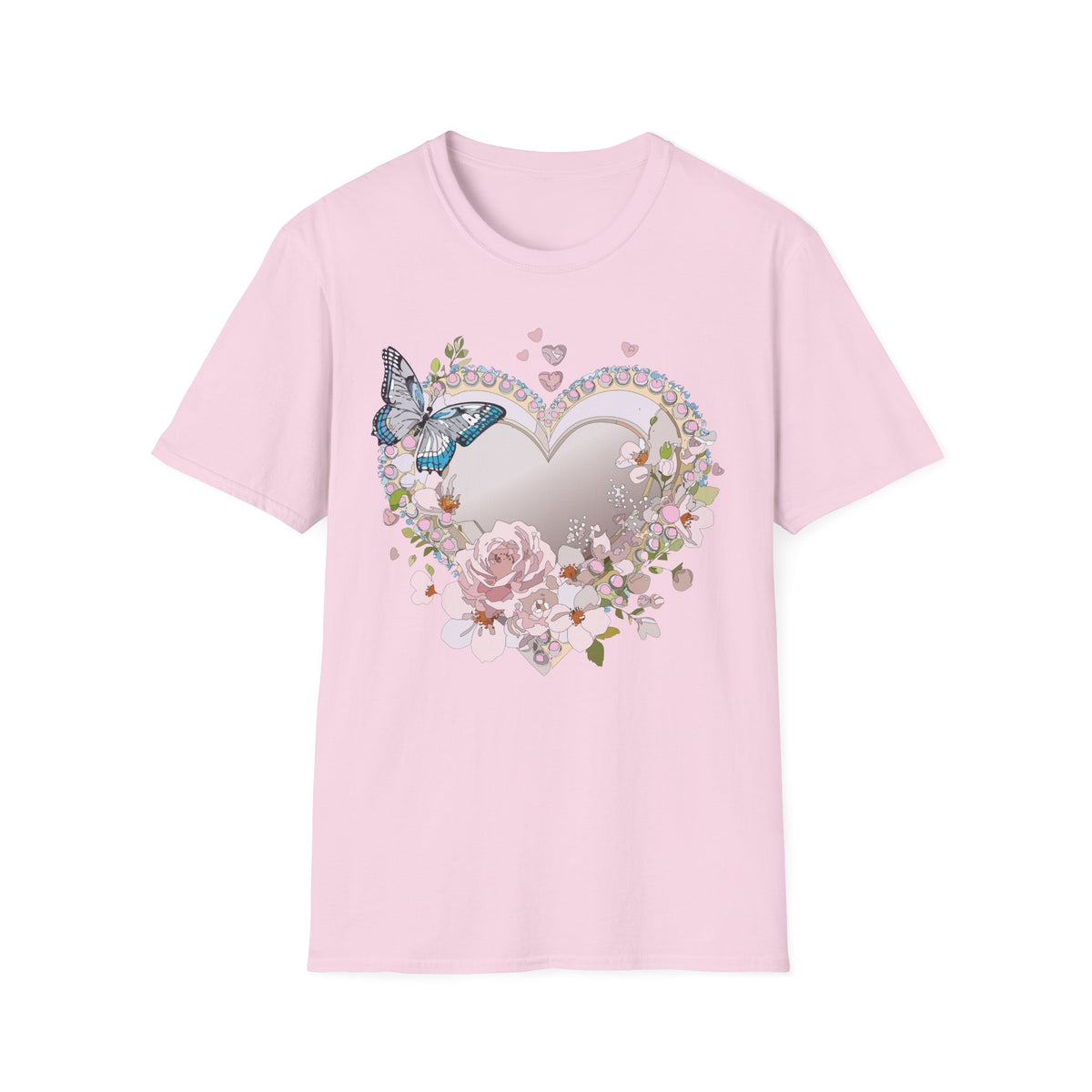 Floral Heart with Butterfly T-Shirt | Romantic Pastel Garden Graphic Tee Unisex 100 Cotton Gildan T-Shirt