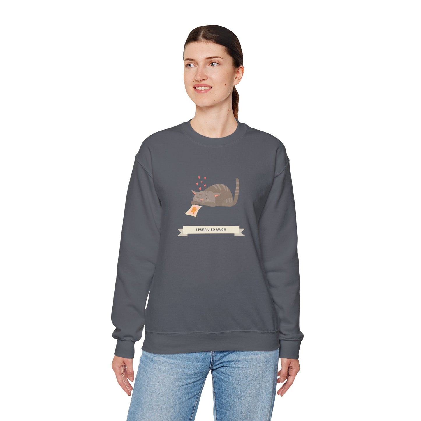 Cat Heart Sweatshirt Unisex 50/50 Cotton Poly Valentine Day Crewneck Gildan 18000