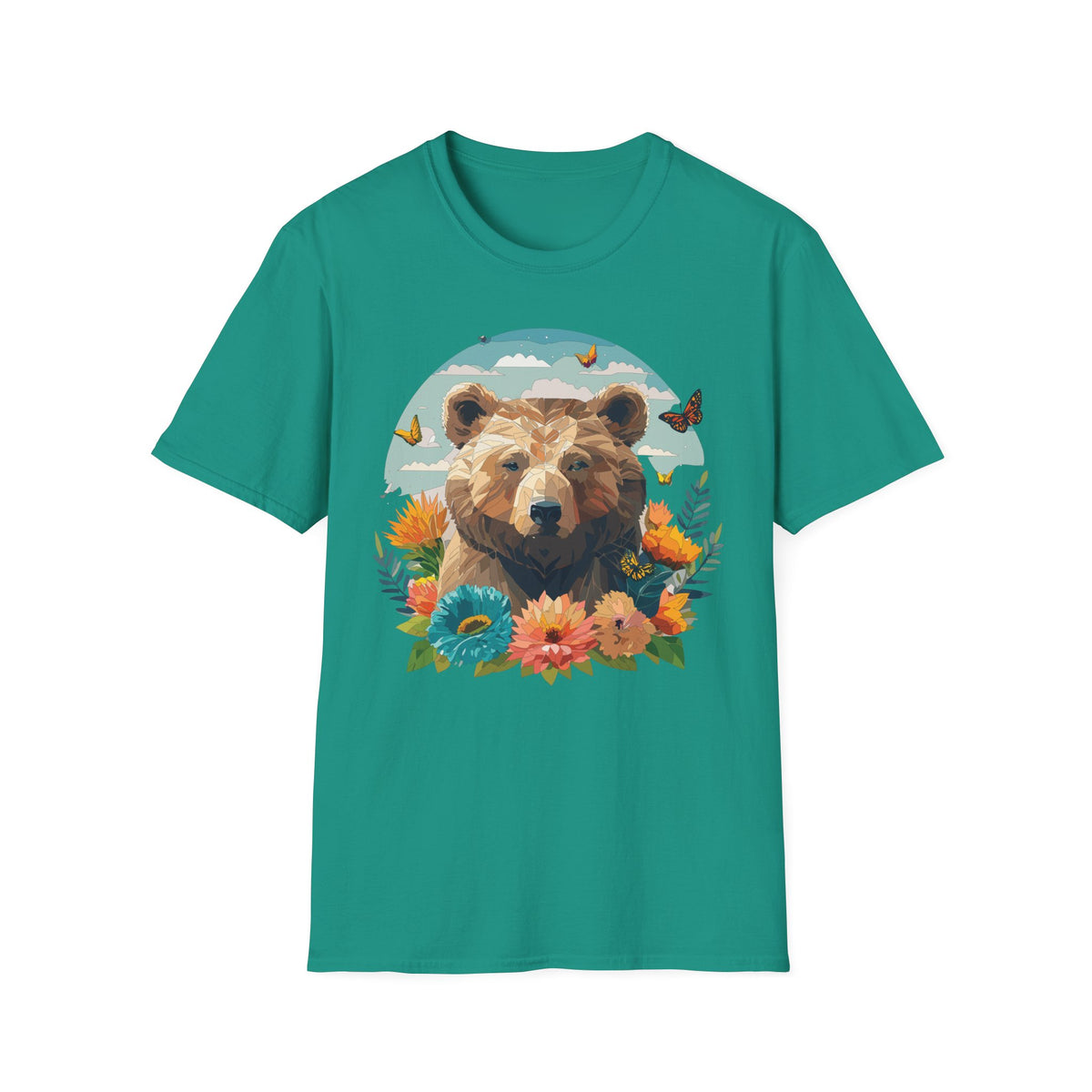 Brown Bear Illustration T-Shirt | Floral, Butterflies, Nature Scene Graphic Tee Unisex 100 Cotton Gildan T-Shirt
