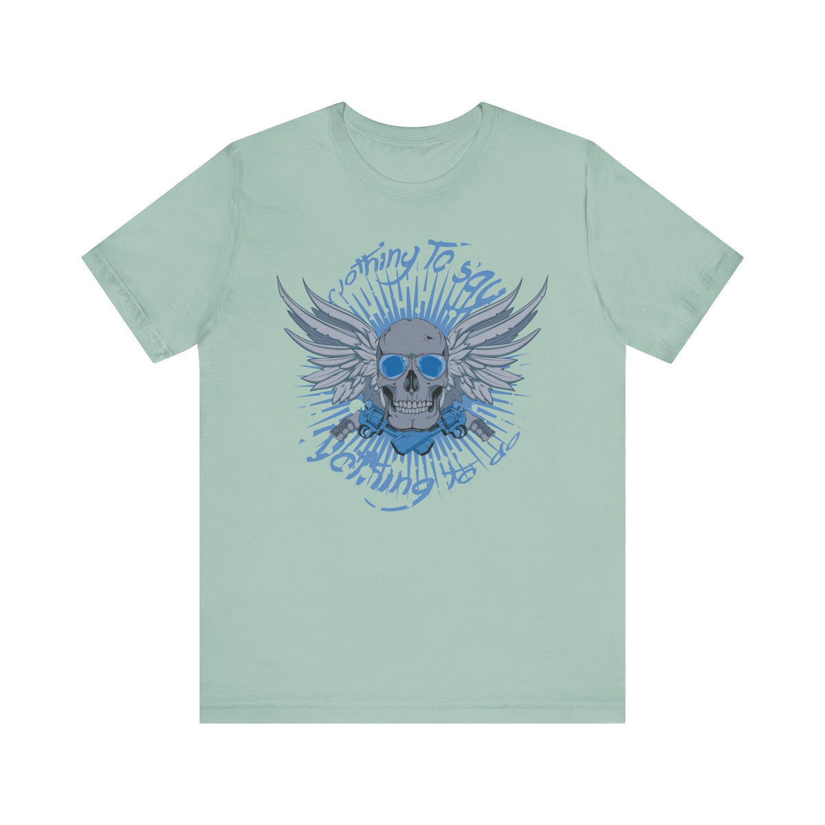 Winged Skull Graphic Tee Blue Skull with Wings Radiant Burst Unisex Cotton