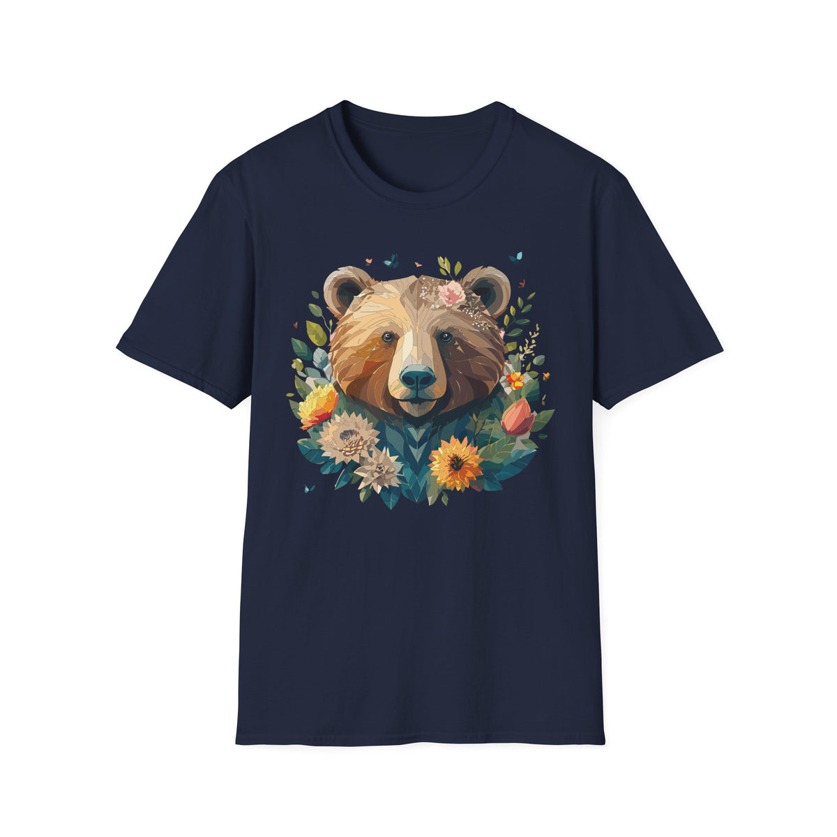 Floral Bear Illustration T-Shirt | Bear Face with Flowers