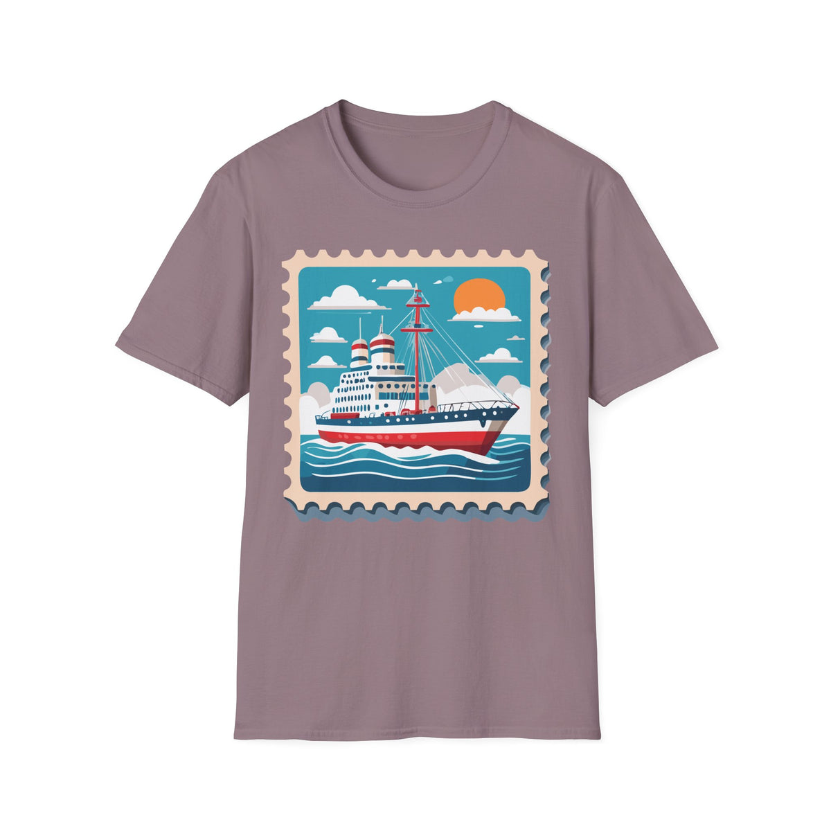 Vintage Cruise Ship Stamp T-Shirt | Nautical Ocean Sunset Design
