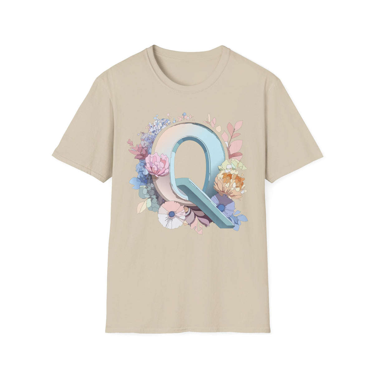 Floral Letter Q T-Shirt | Monogram Initial Tee, Pastel Botanical Alphabet