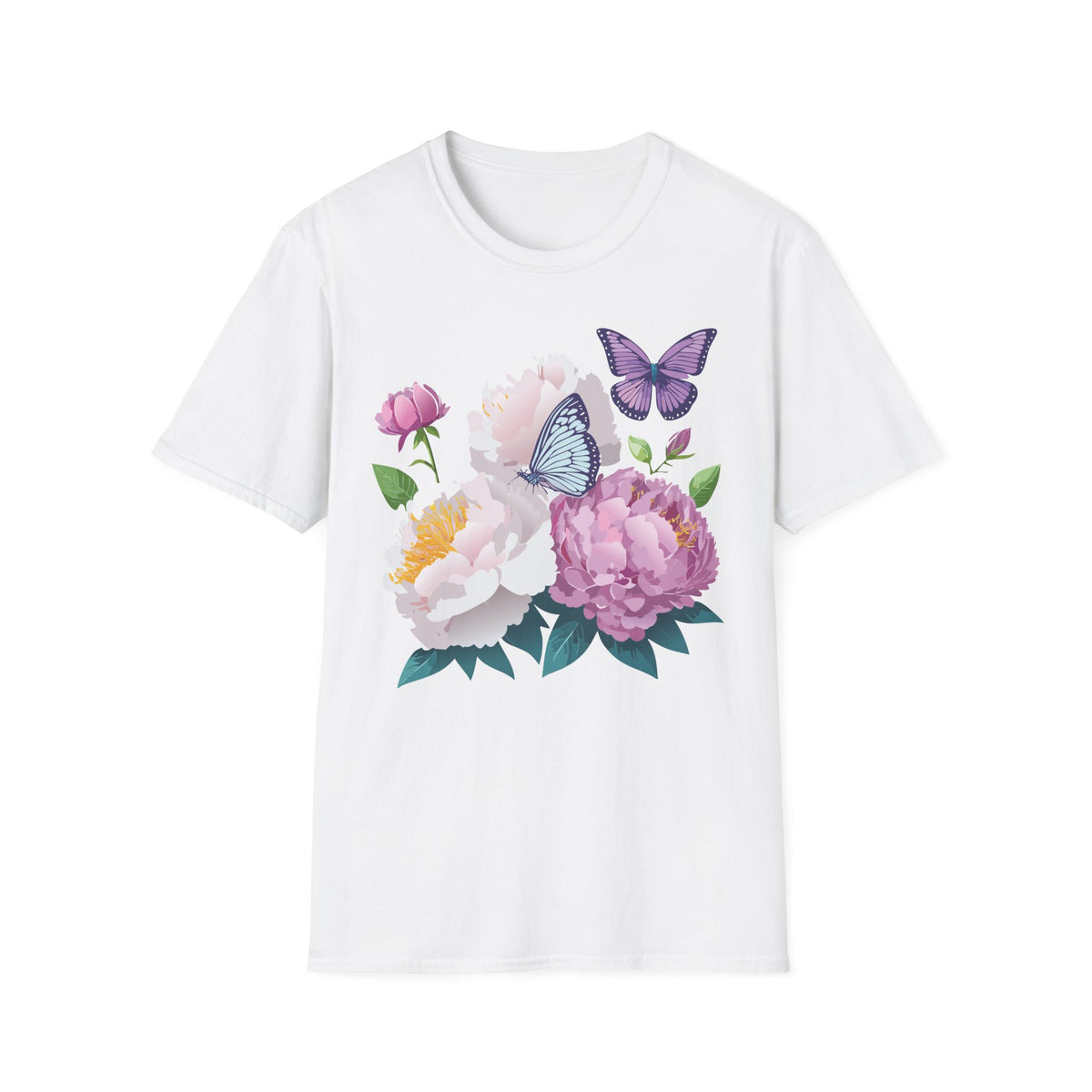 Floral Peonies & Butterflies T-Shirt — pastel garden tee for spring, Mother's Day Graphic Tee Unisex 100 Cotton Gildan T-Shirt