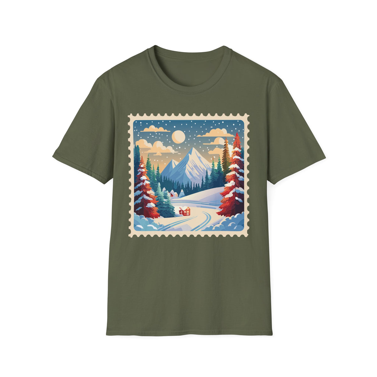 Vintage Winter Mountain Scene T-Shirt | Snowy Peaks Forest Illustration
