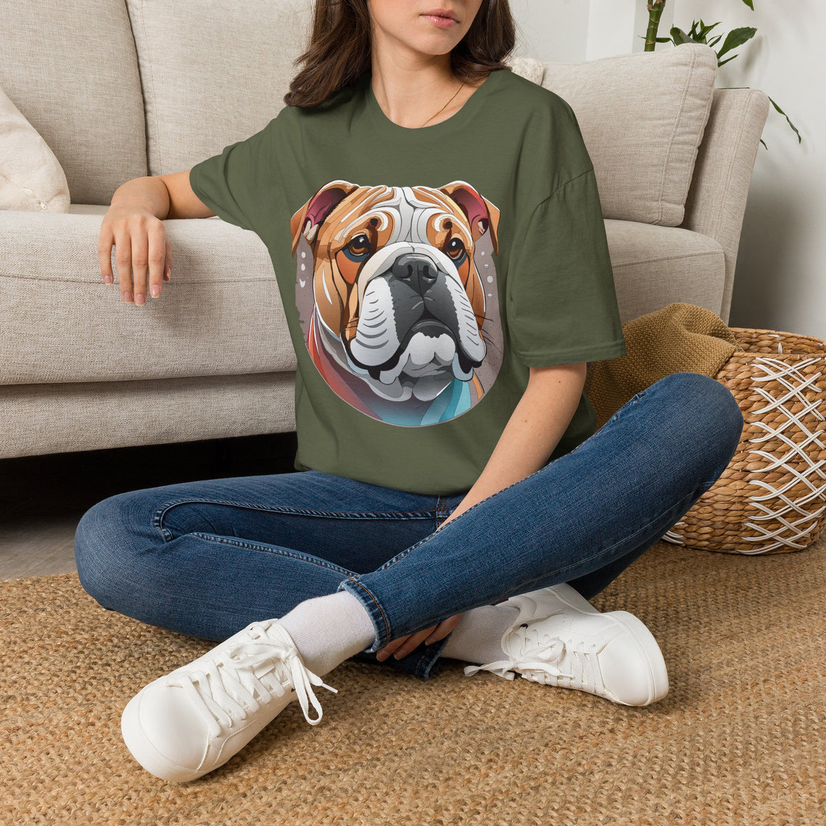 Bulldog Graphic T-Shirt — Colorful English Bulldog Portrait Graphic Design Unisex 100 Cotton Gildan T-Shirt