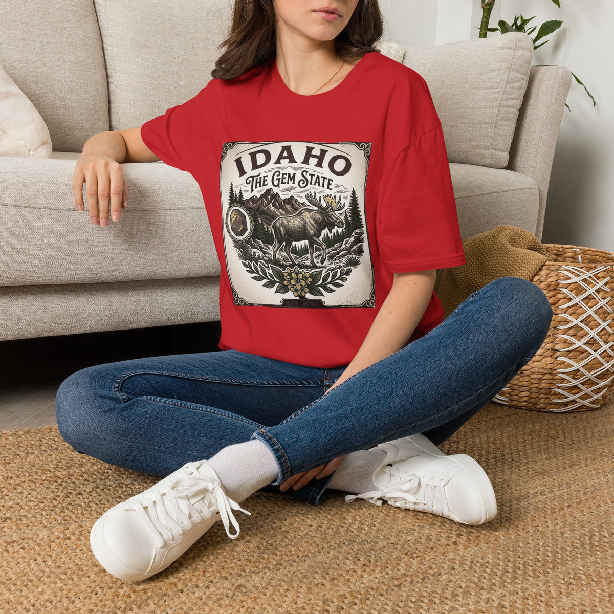 Idaho The Gem State Vintage Moose Travel Tourist Graphic Design Unisex 100 Cotton Gildan T-Shirt