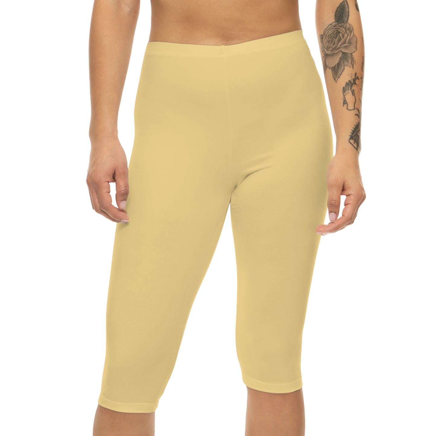 Fog Yellow Color Women's Brushed Suede Poly Span Casual Capri Leggings XS-2XL