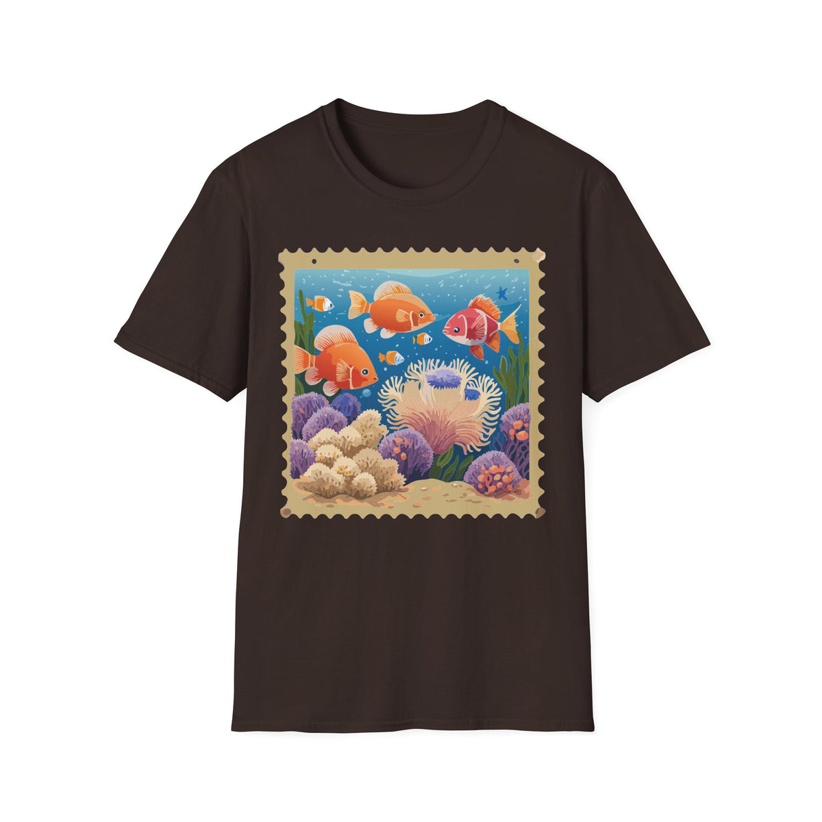 Goldfish Aquarium Illustration T-Shirt | Underwater Coral Reef Stamp Graphic Tee Unisex 100 Cotton Gildan T-Shirt