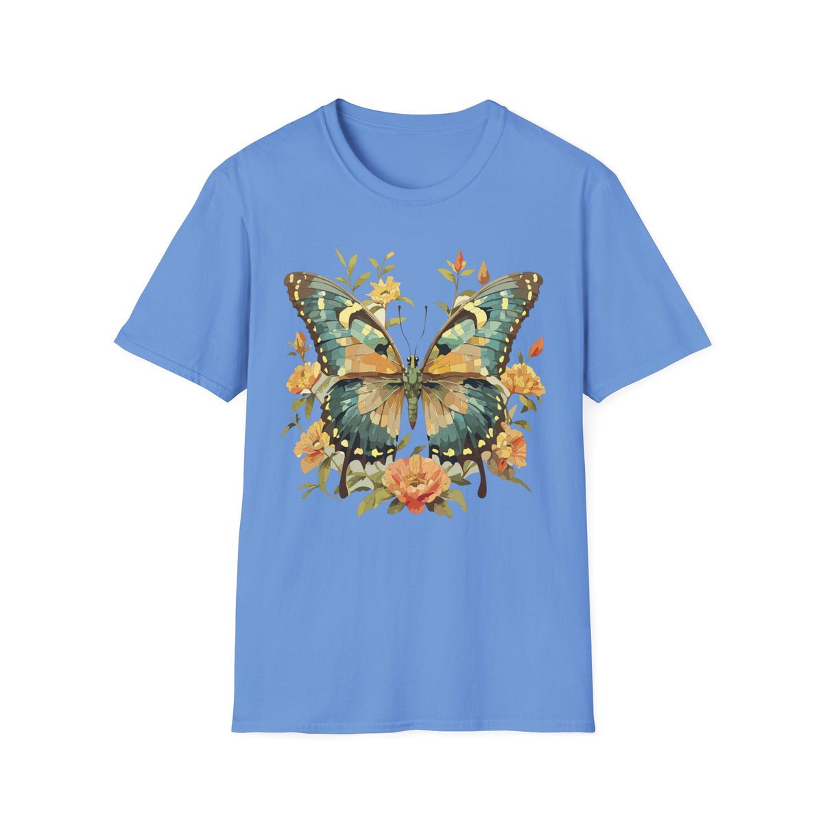 Butterfly Floral T-Shirt — Vintage Green & Gold Garden Graphic Tee Unisex 100 Cotton Gildan T-Shirt