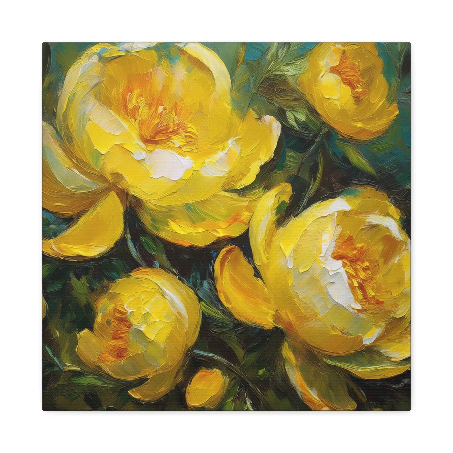 Yellow Peonies Print Canvas, Floral Oil Paint Print 20x20, 24x24, 30x30, 32x32, 36x36 Art Design Pine-Wood Inner Frame MC-122