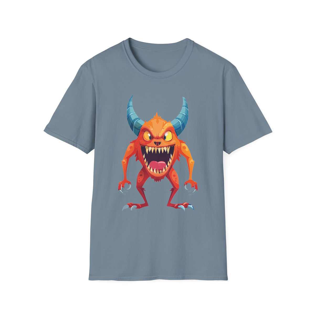 Orange Horned Monster T-Shirt — Cute Scary Cartoon Tee for Kids & Halloween Cartoon Graphic Tee Unisex 100 Cotton Gildan T-Shirt