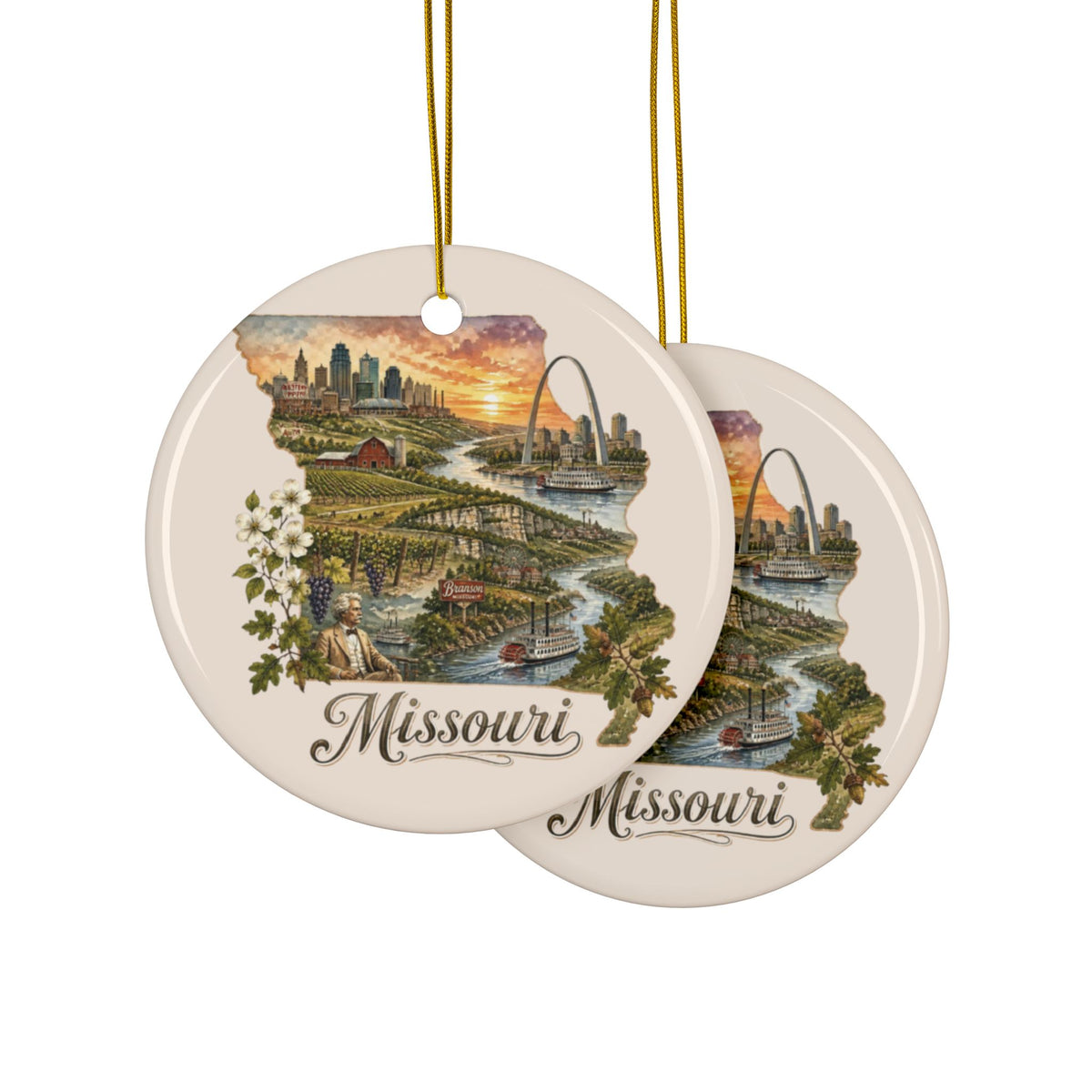 Missouri State Vintage Map Ornament | Ceramic Round Ornament - 2.99" Includes Gold String