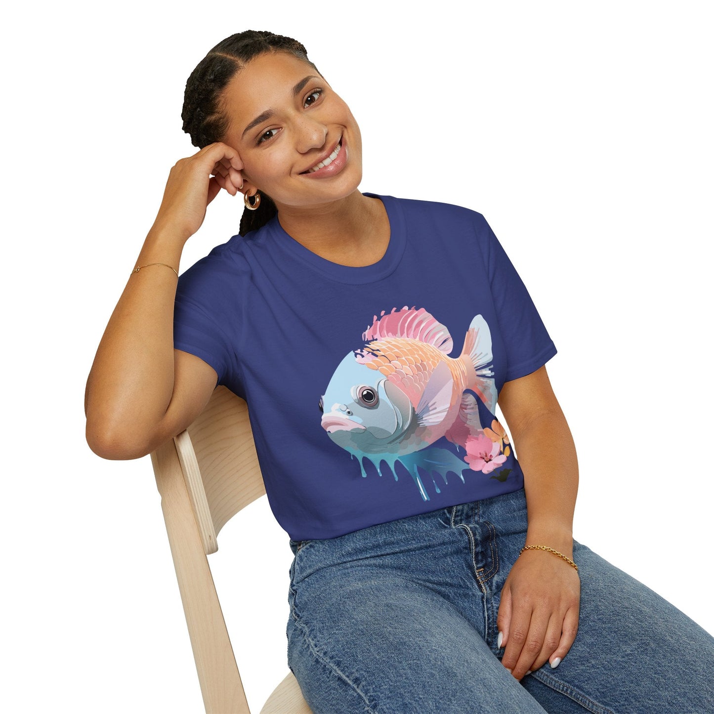 Fish Art Design Shirt Unisex Graphic Tee 100 Percent Ring Spun Cotton Softstyle Gildan 64000