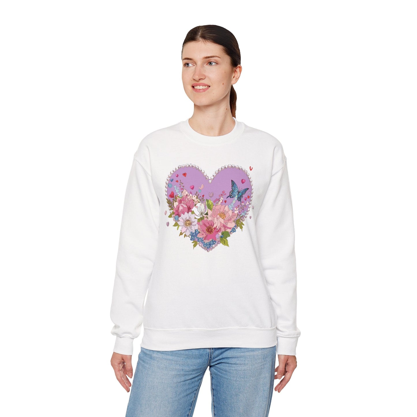 Floral Heart Sweatshirt Unisex Crewneck Valentines Day Heavy Blend Gildan 18000 Cozy Warm