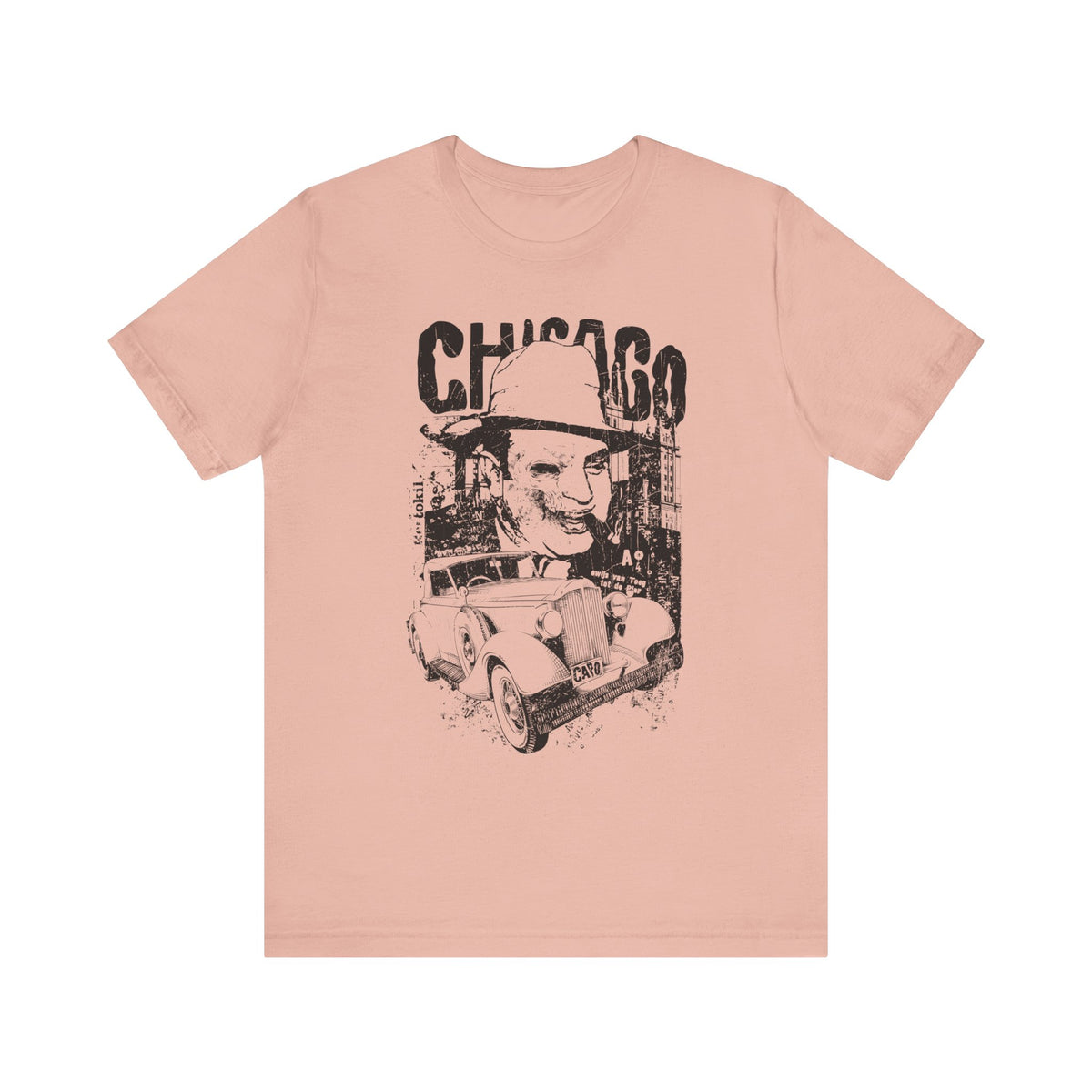 Chicago Retro Mobster Illustration Tee Vintage Car Cityscape Art Design Unisex Cotton T-Shirt A-8