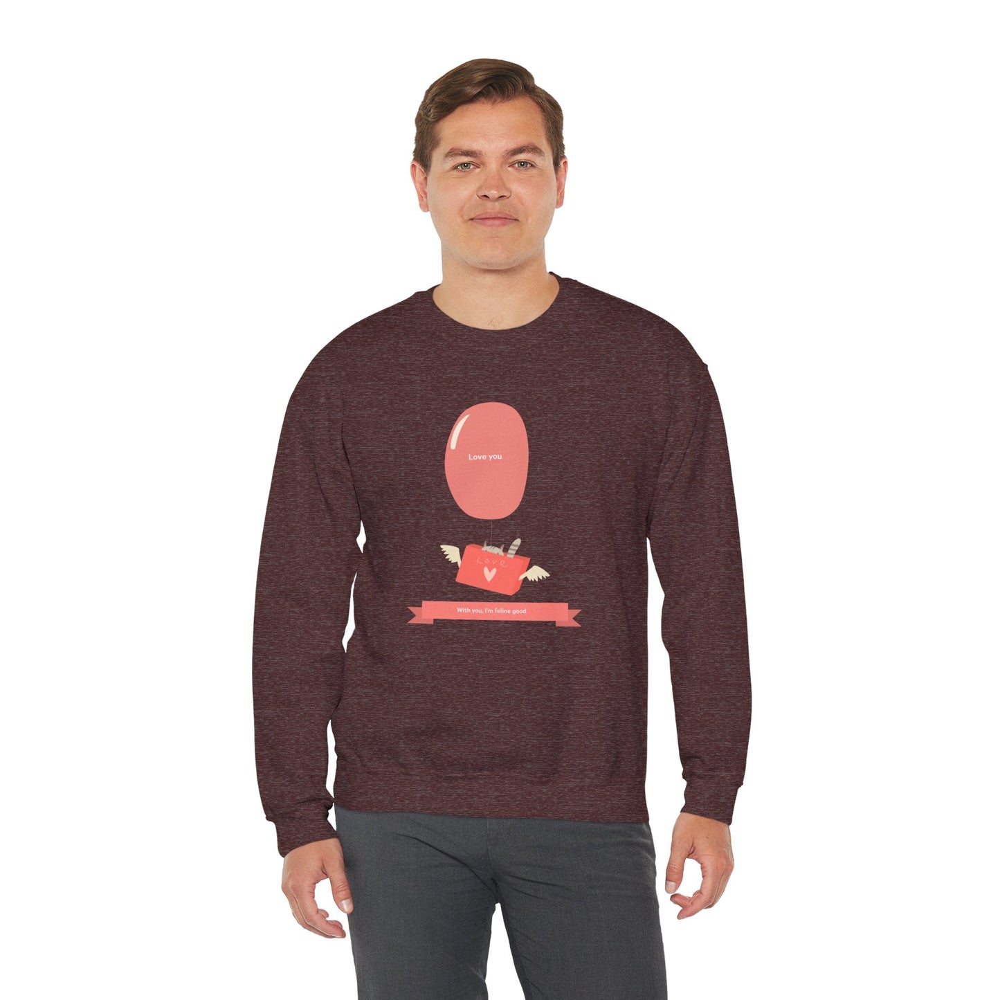 Cat Love Balloon Sweatshirt Unisex Fifty Fifty Cotton Poly Valentine Heavy Blend Crewneck Sweatshirt