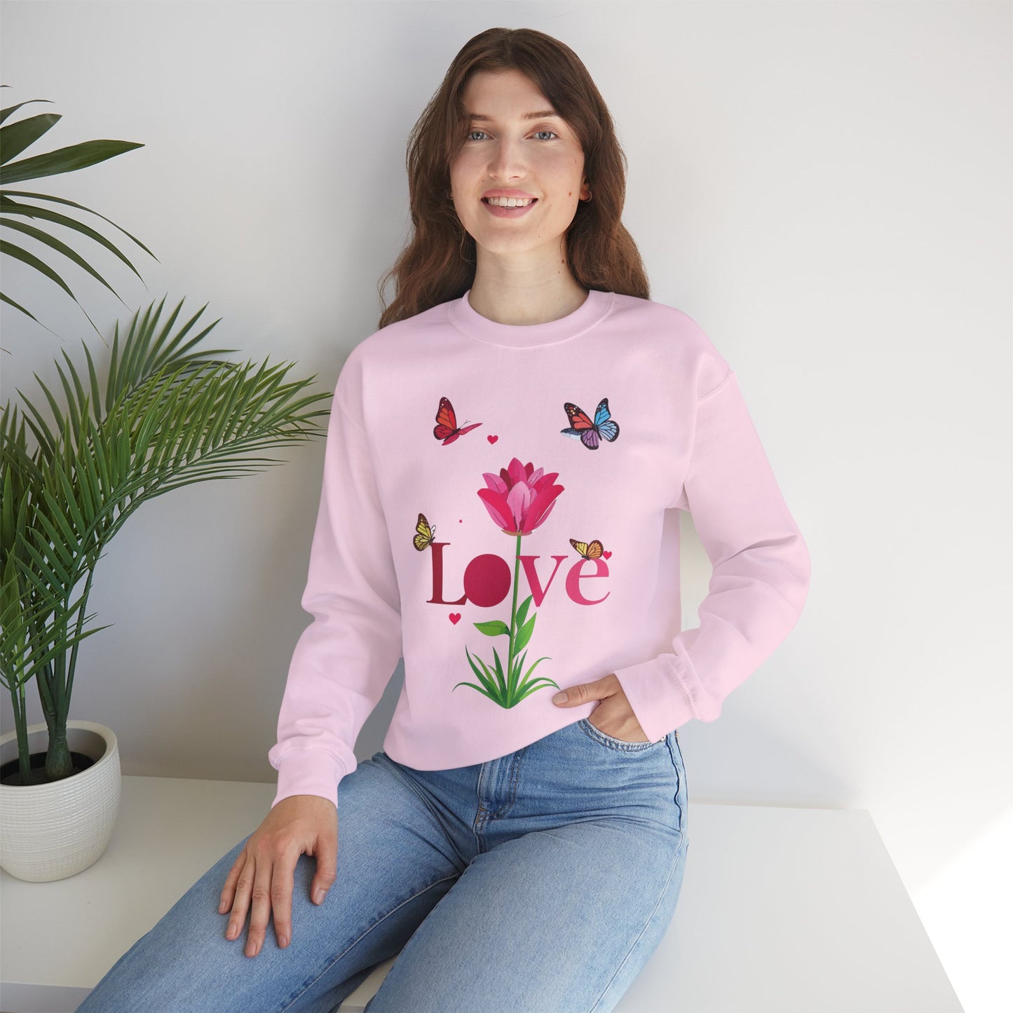 Unisex Floral Love Sweatshirt, Love Floral Sweatshirt, Floral Butterfly Sweatshirt, 50/50 Cotton-Poly Valentine's Day Sweatshirt 02