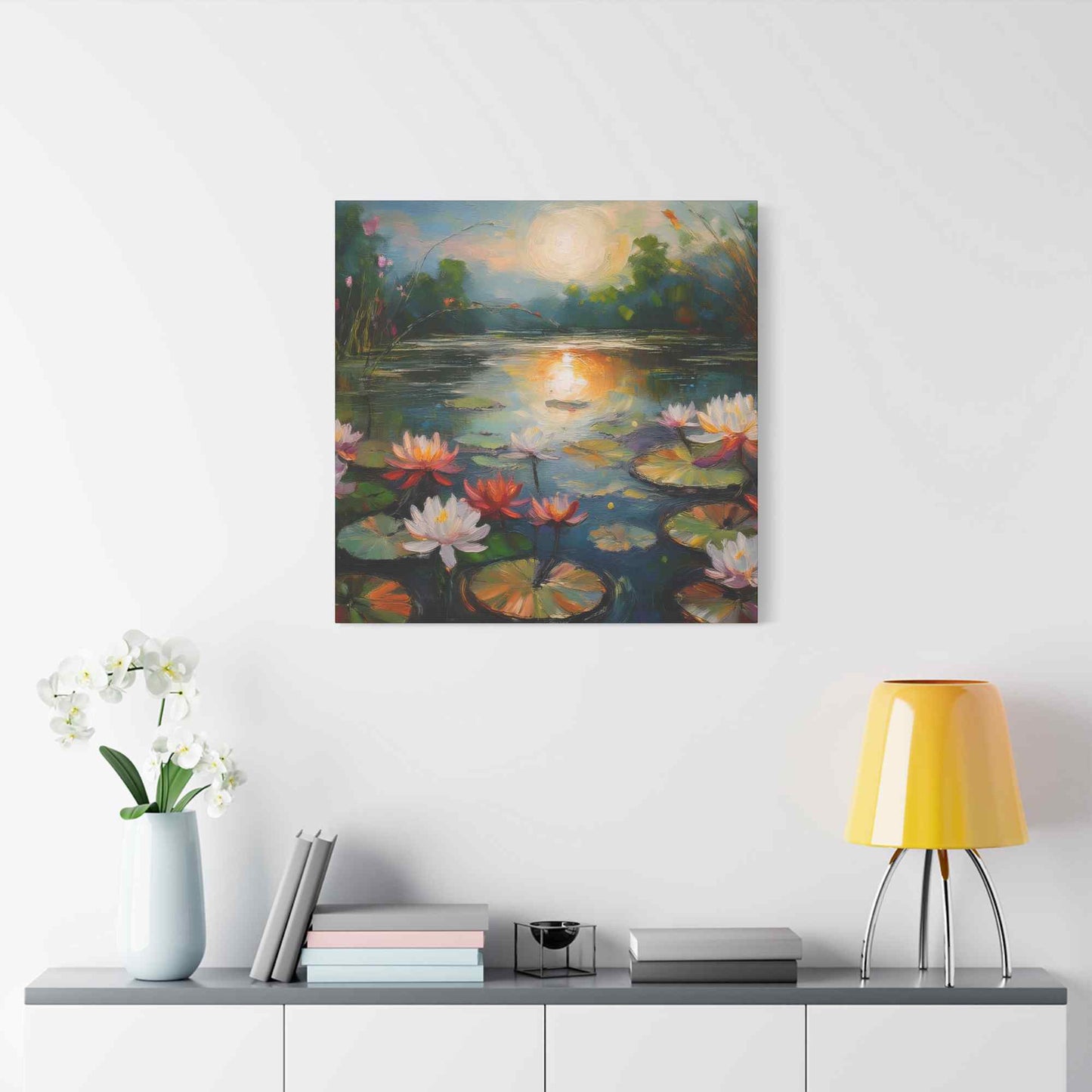 Water Lilies Print Canvas, Oil Paint Print 20x20, 24x24, 30x30, 32x32, 36x36 Floral Art Print Pine-Wood Inner Frame MC-66