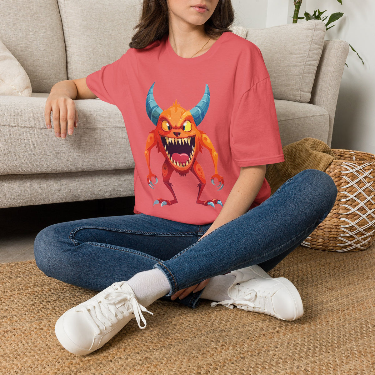 Orange Horned Monster T-Shirt — Cute Scary Cartoon Tee for Kids & Halloween Cartoon Graphic Tee Unisex 100 Cotton Gildan T-Shirt
