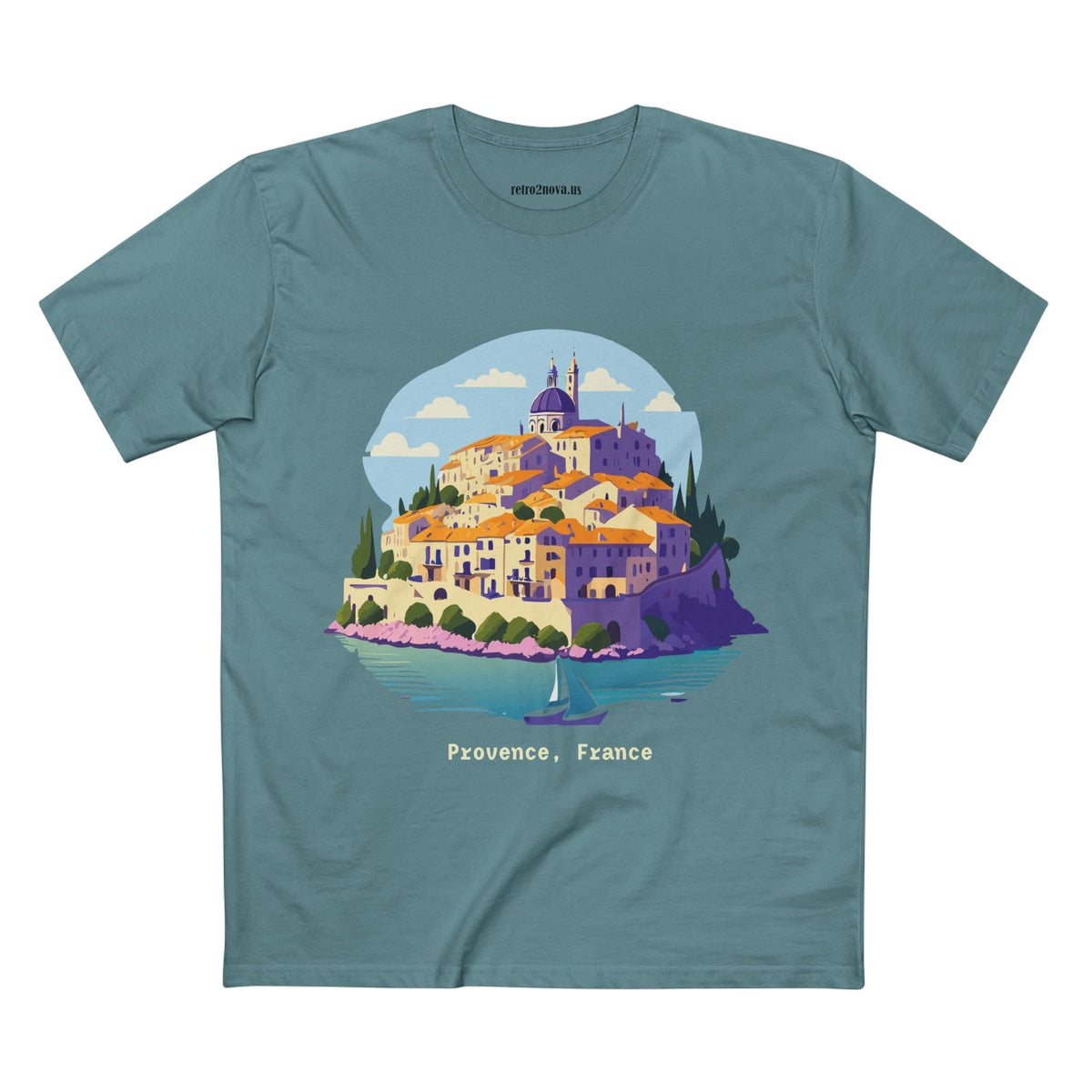 Provence France Village Illustration T-Shirt | Coastal Sailboat Scenic Tee