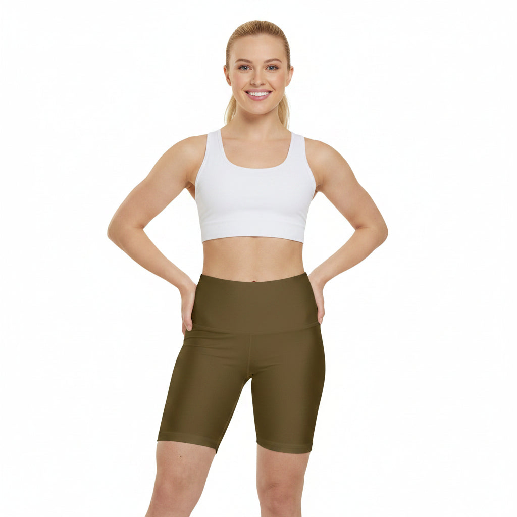 Olive Bark Brown Olive High-Waist Women's Workout Shorts — Compression Biker Shorts for Yoga & Gym