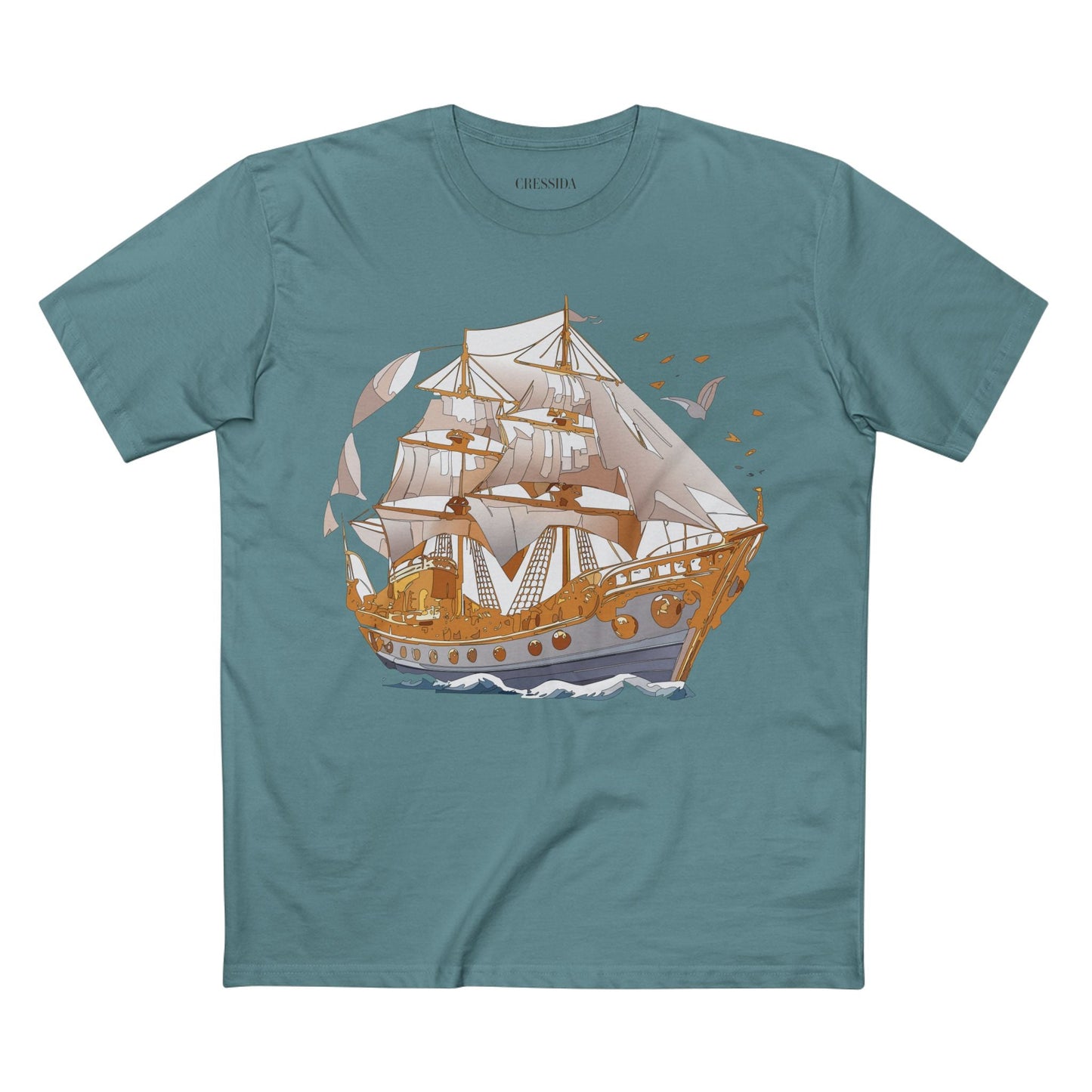 Ship Graphic Unisex 100 Cotton T-Shirt with Gold Frigate Art Design 1