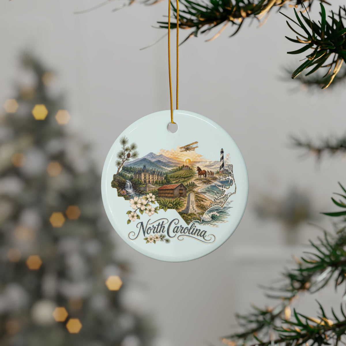 North Carolina State Scene Ornament | Ceramic Round Ornament - 2.99" Includes Gold String