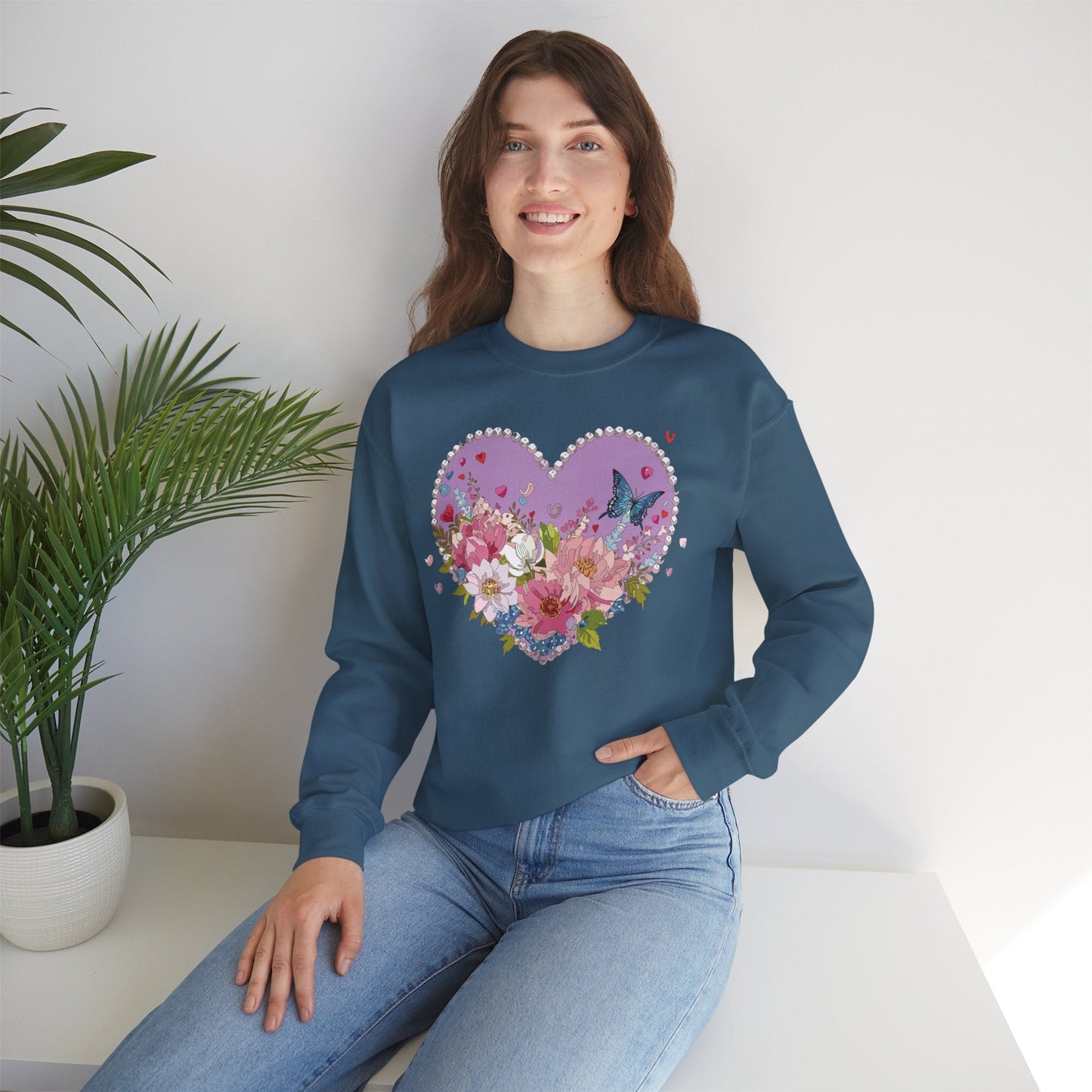 Floral Heart Sweatshirt Unisex Crewneck Valentines Day Heavy Blend Gildan 18000 Cozy Warm