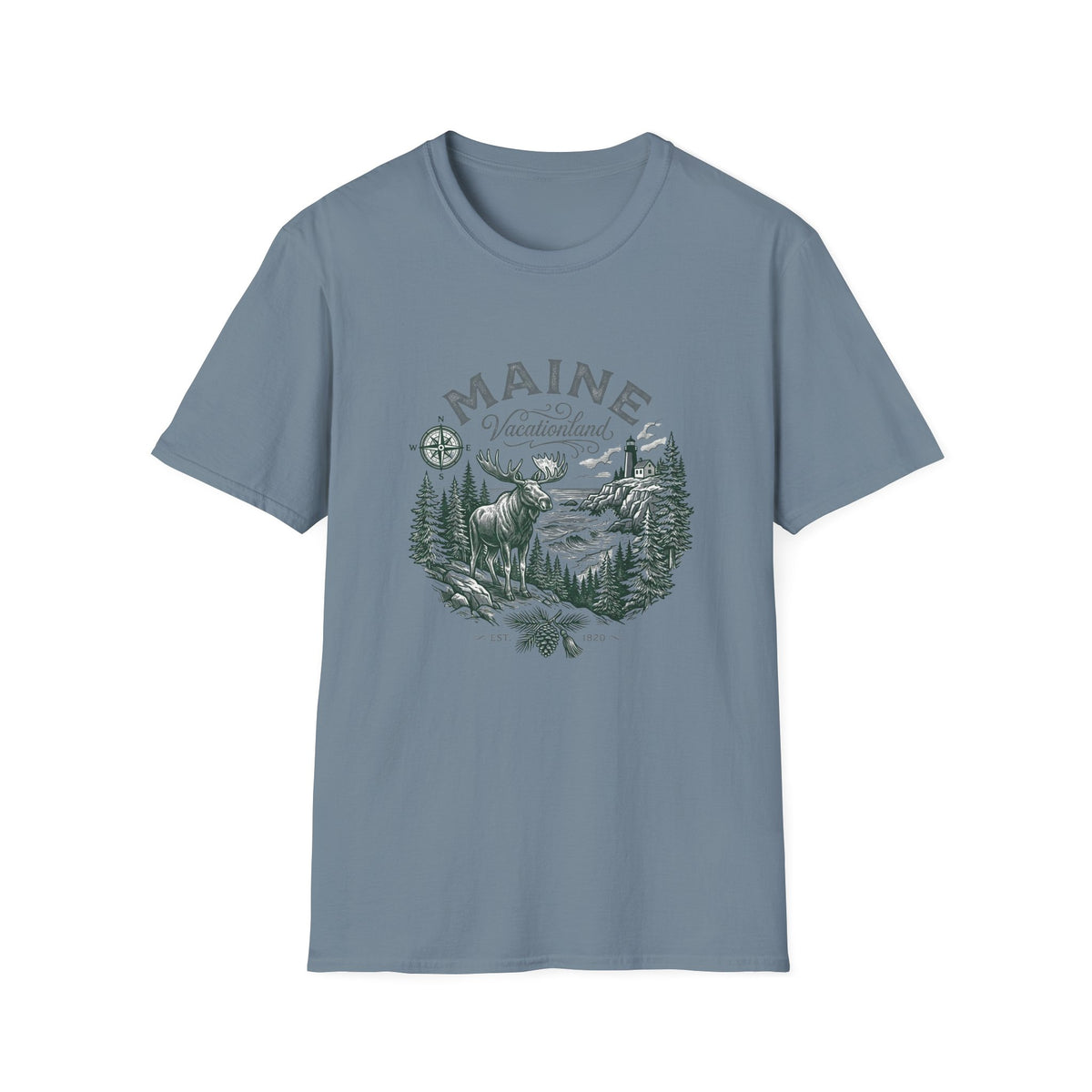 Maine Wilderness Moose Graphic T-Shirt — Vintage State Nature Travel Tourist Graphic Design Unisex 100 Cotton Gildan T-Shirt