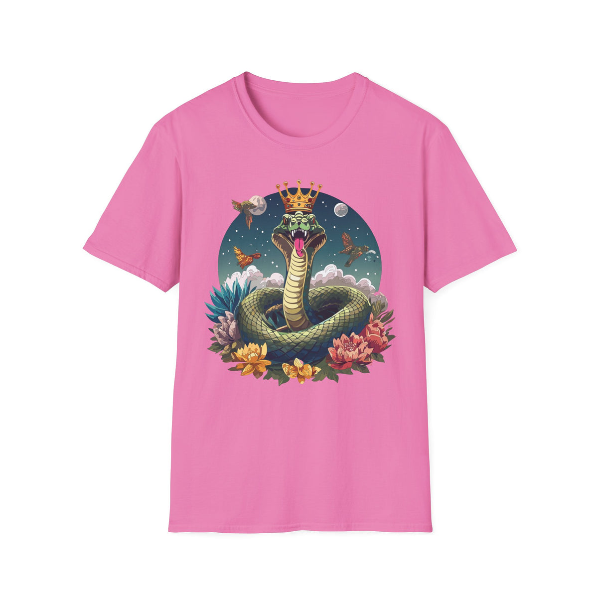 Crowned Snake Illustration T-Shirt | Regal Serpent, Floral Night Scene