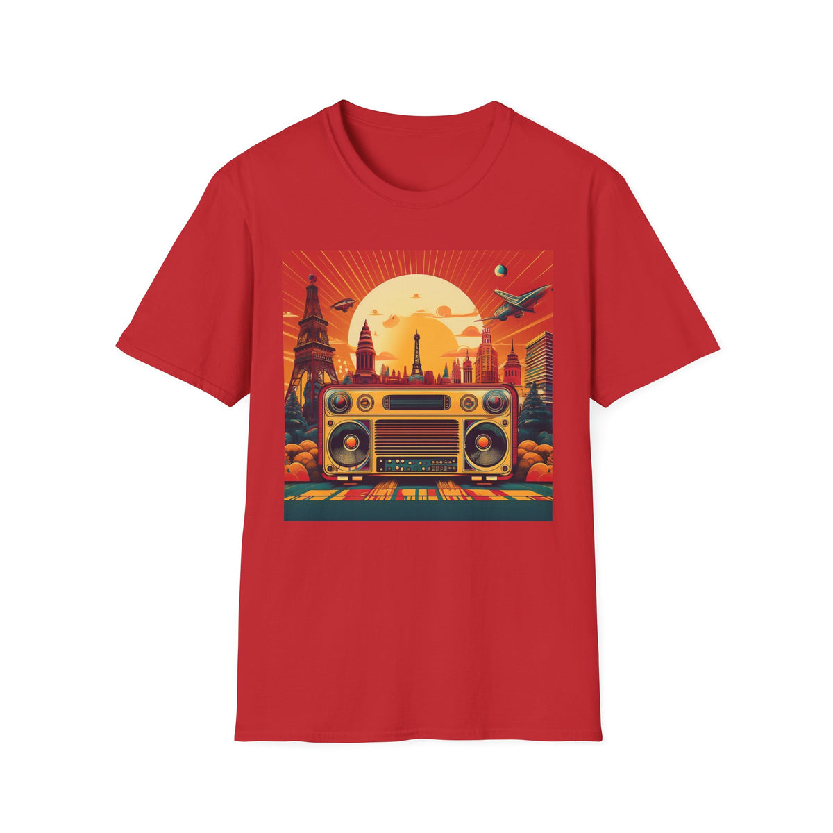 Retro Boombox Sunset Cityscape Graphic Posters, Post Stamps Design Unisex 100 Cotton Gildan T-Shirt