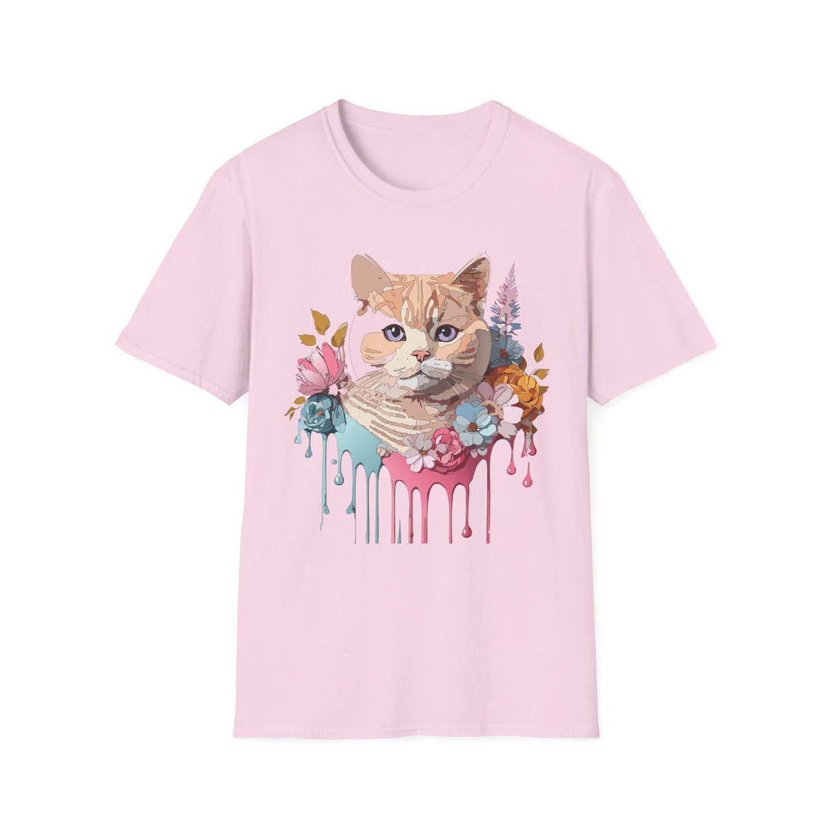 Floral Ginger Cat Portrait T-Shirt | Painted Cat Face with Flowers