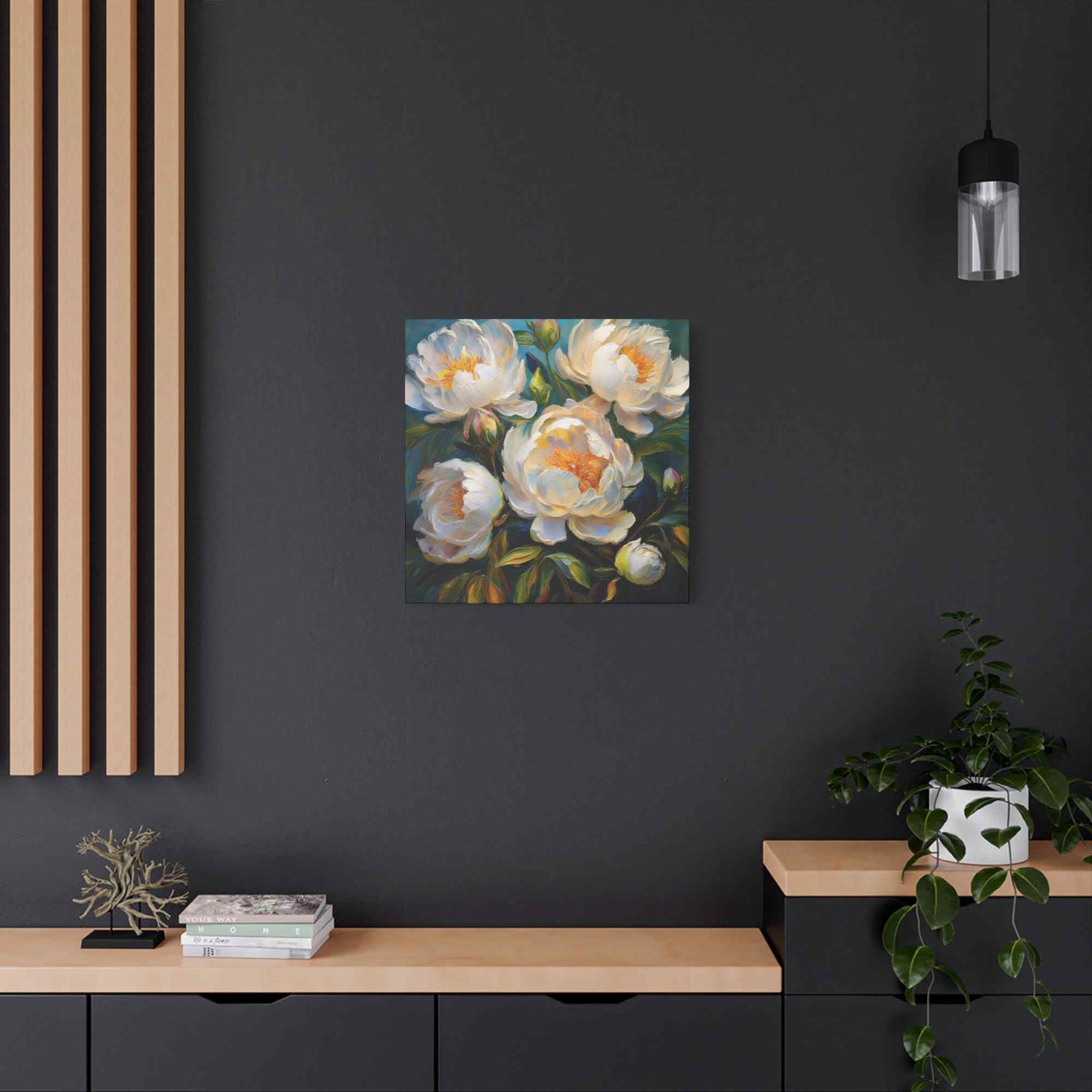 White Peonies Print Canvas, Floral Oil Paint Print 20x20, 24x24, 30x30, 32x32, 36x36 Art Design Pine-Wood Inner Frame MC-118