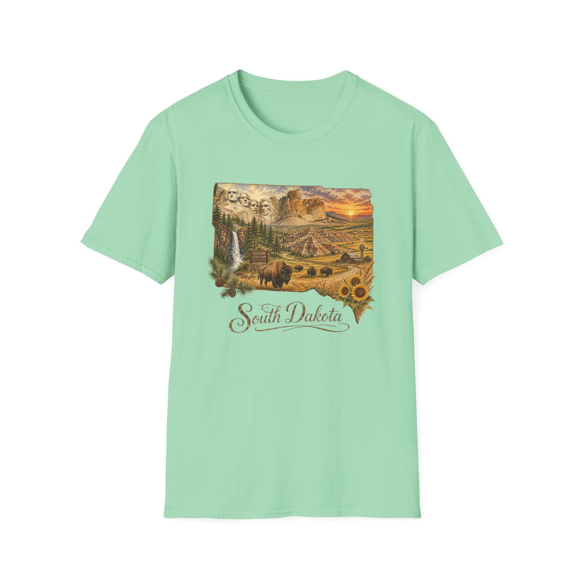South Dakota Scenic T-Shirt — State Landscape Sunset Travel Tourist Graphic Design Unisex 100 Cotton Gildan T-Shirt