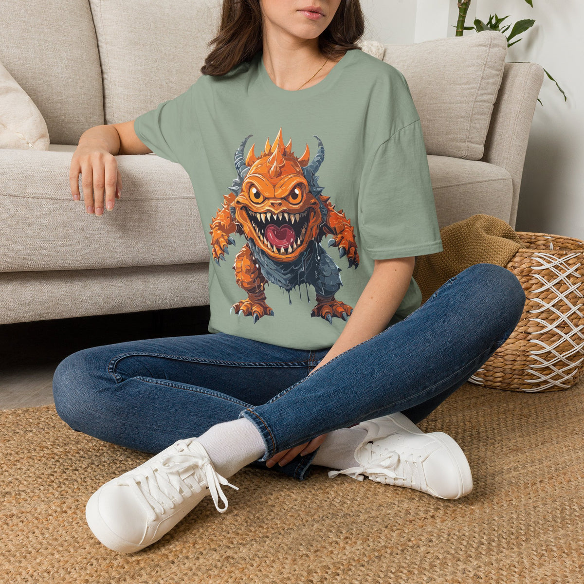 Monster Graphic T-Shirt — Fierce Orange Demon Creature Design Cartoon Graphic Tee Unisex 100 Cotton Gildan T-Shirt