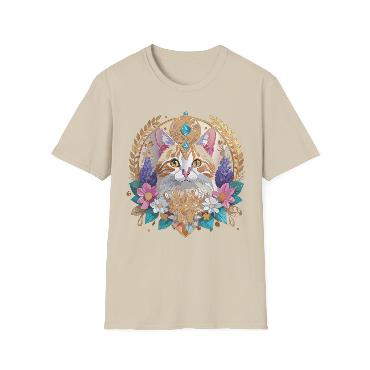 Regal Cat Mandala T-Shirt | Boho Kitty Illustration, Floral Crescent