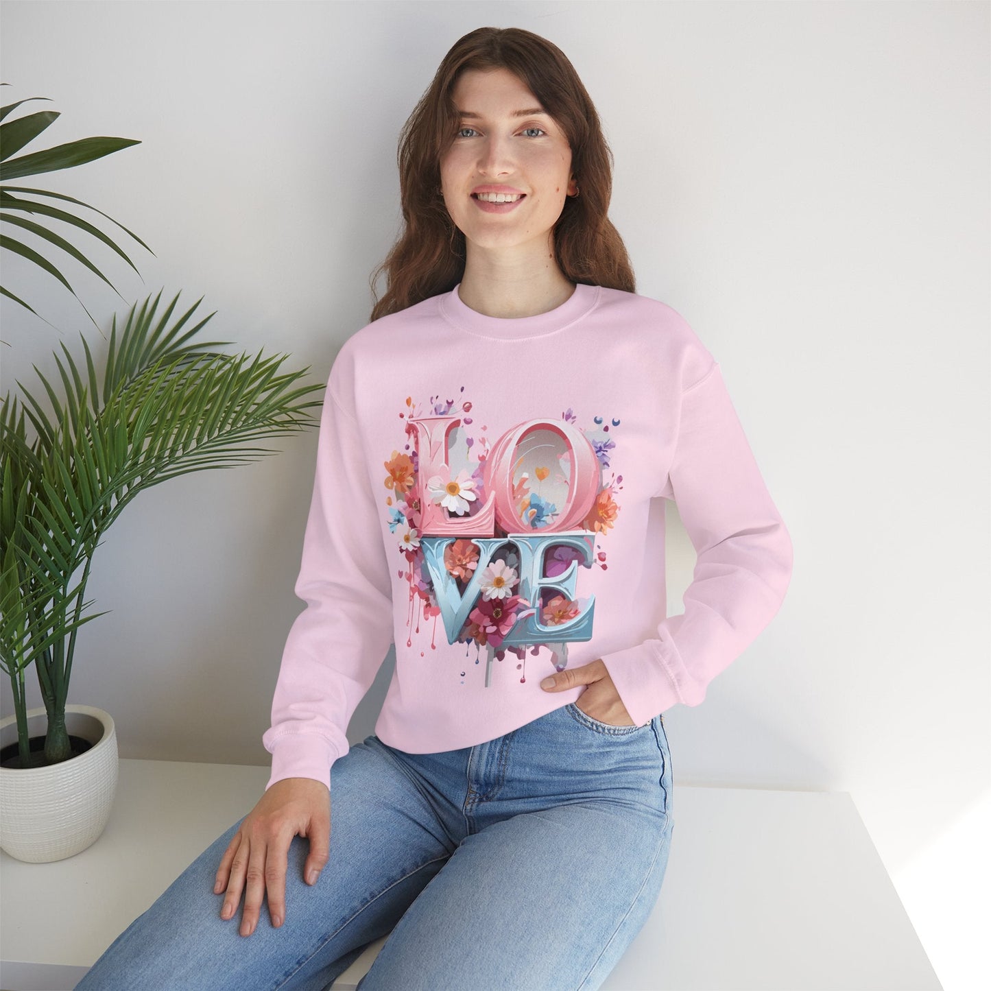 Floral Love Sweatshirt Unisex Love Flower Valentines Day Crewneck Gildan 18000 50 50 Cotton Polyester