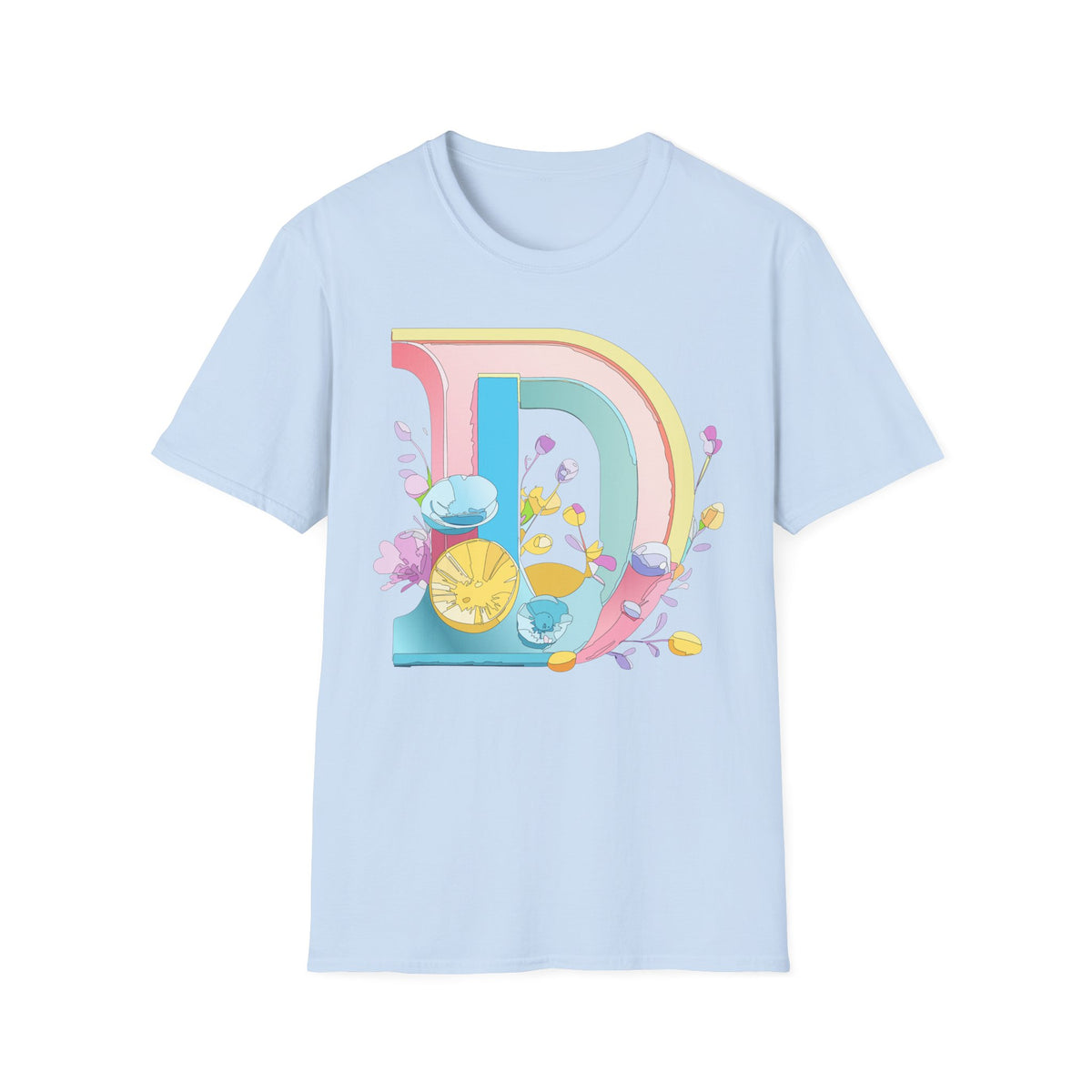 Retro Rainbow Letter D T-Shirt | Floral Lemon Initial Graphic